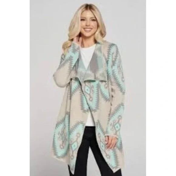 Renee C Womens Sz L Aztec Tribal Southwest Oversized Wool Mohair Knit Cardigan - Picture 1 of 9
